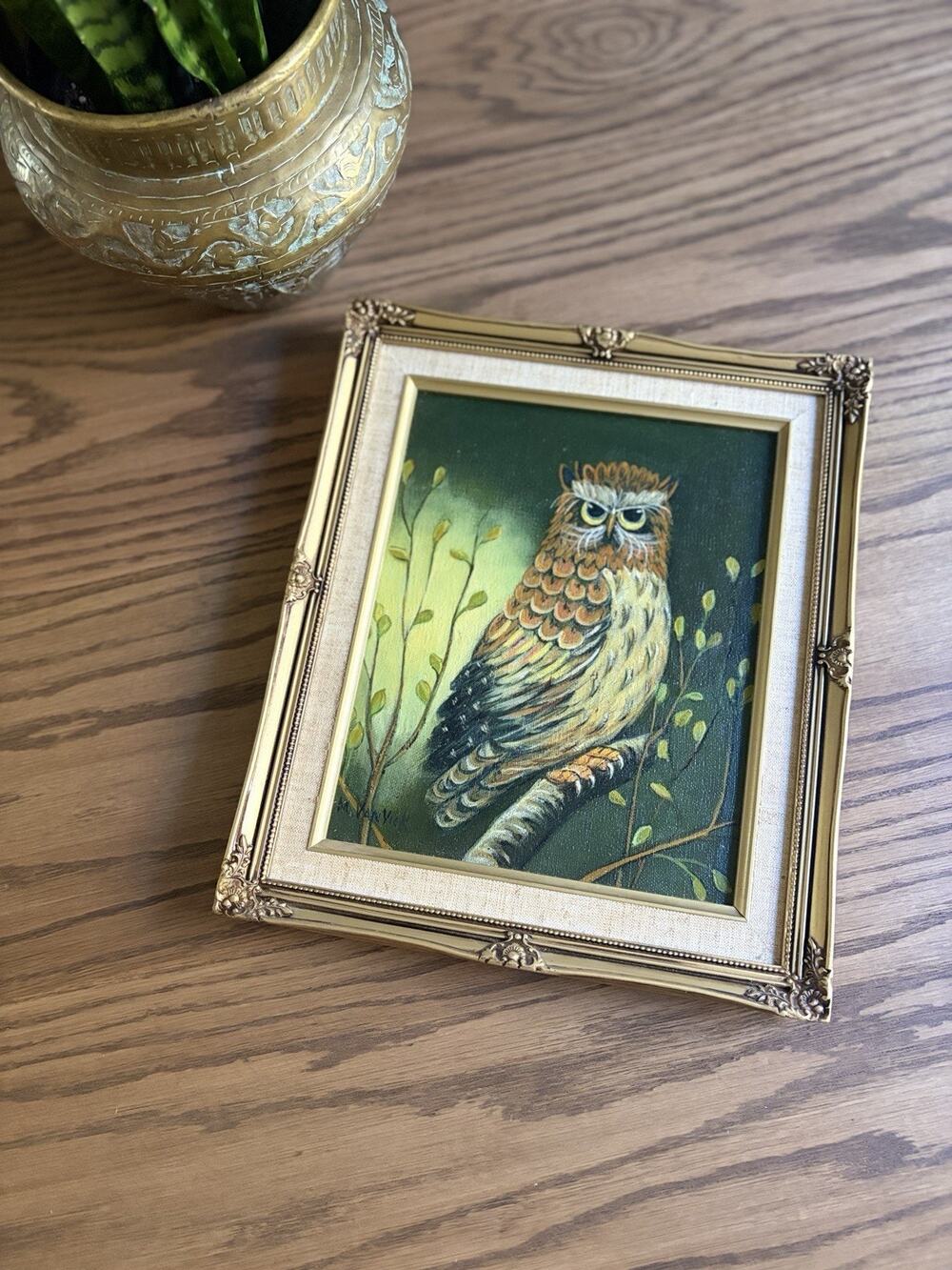 Vintage Owl Oil Painting Ornate Gold Wooden Frame 12x11" Original Painting